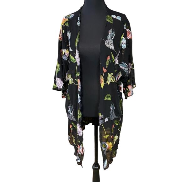 Honey punch black kimono w embroidered floral boho garden girl whimsigoth large - Picture 1 of 8
